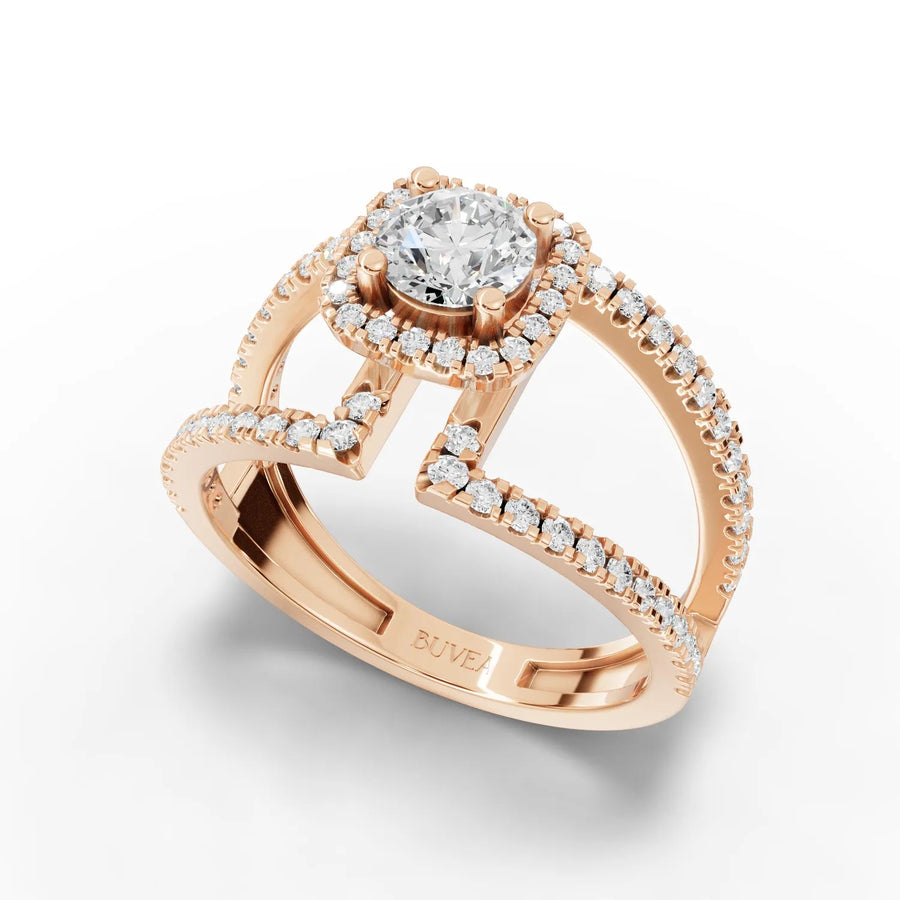 Rose gold halo ring angled profile