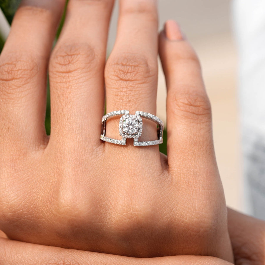1.02 CT square-halo split-band ring worn on hand