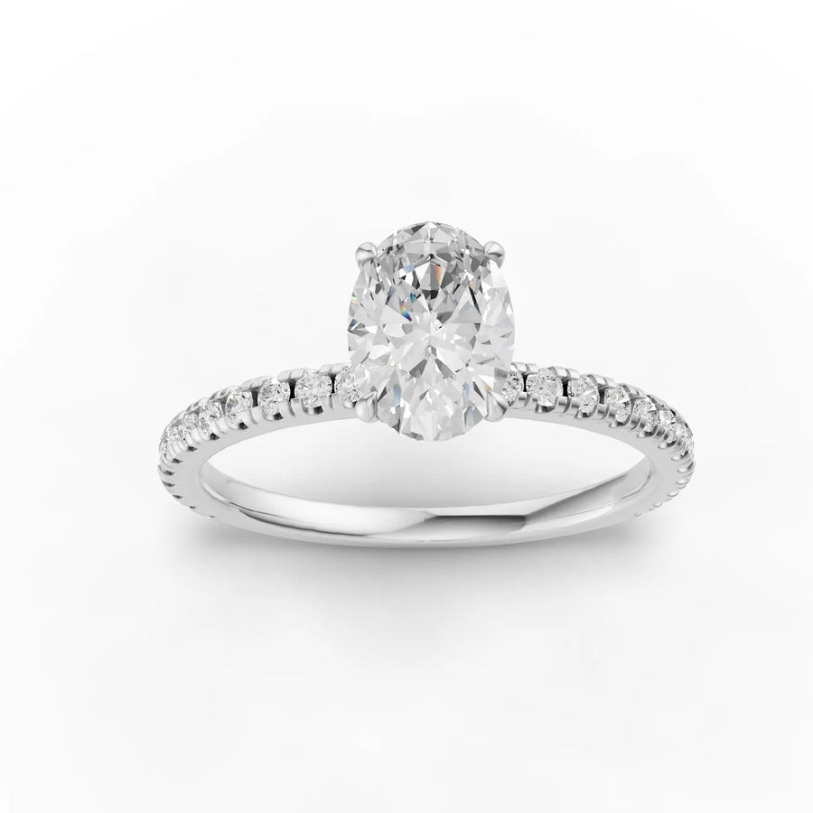 0.98 ct oval hidden halo pavé lab diamond ring with 0.75 ct center stone and accent diamonds on the band