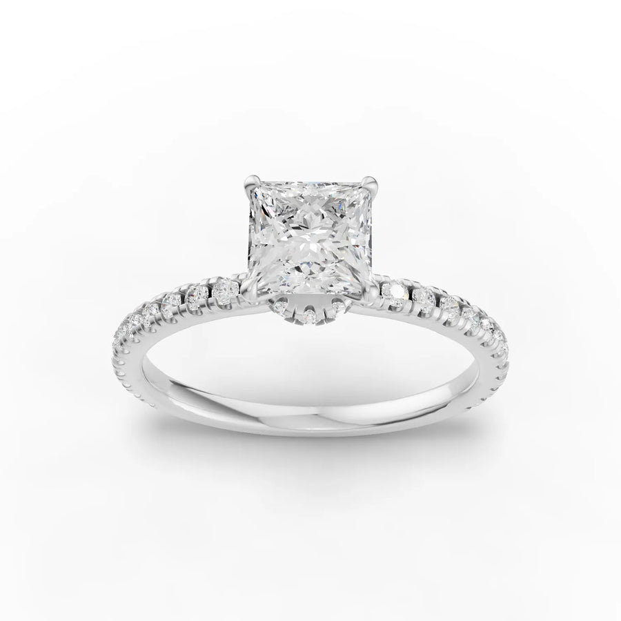 0.98 ct princess hidden halo pavé lab diamond ring with 0.75 ct center stone and accent diamonds on the band