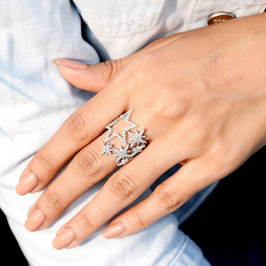 1.06 CT star motif lab-grown diamond ring worn on hand