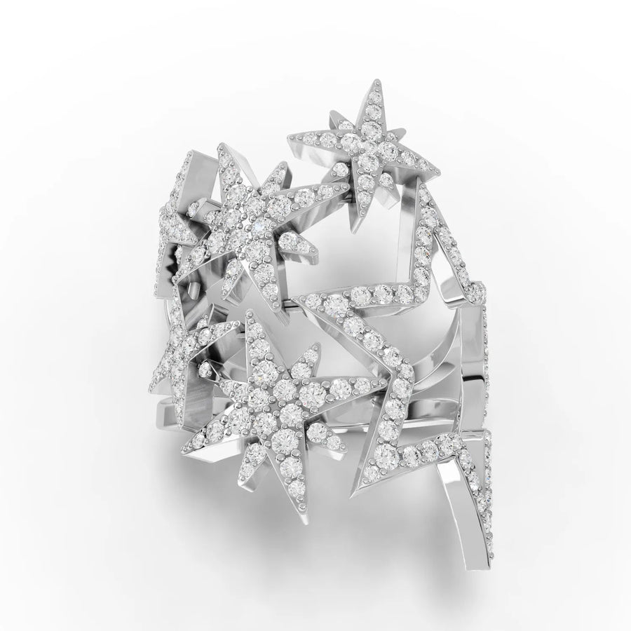1.06 CT star motif lab diamond ring in 18K gold with round diamonds and openwork zigzag band