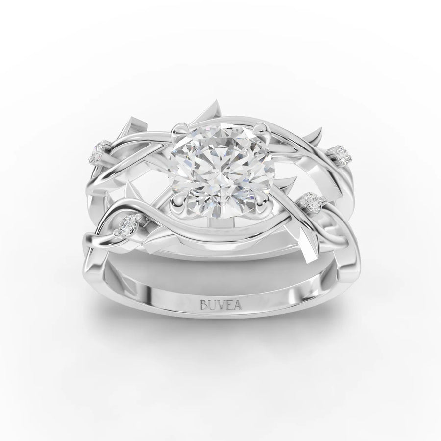 1.07 CT floral lab diamond accent ring with 1.00 CT round center and intertwined vintage-style bands