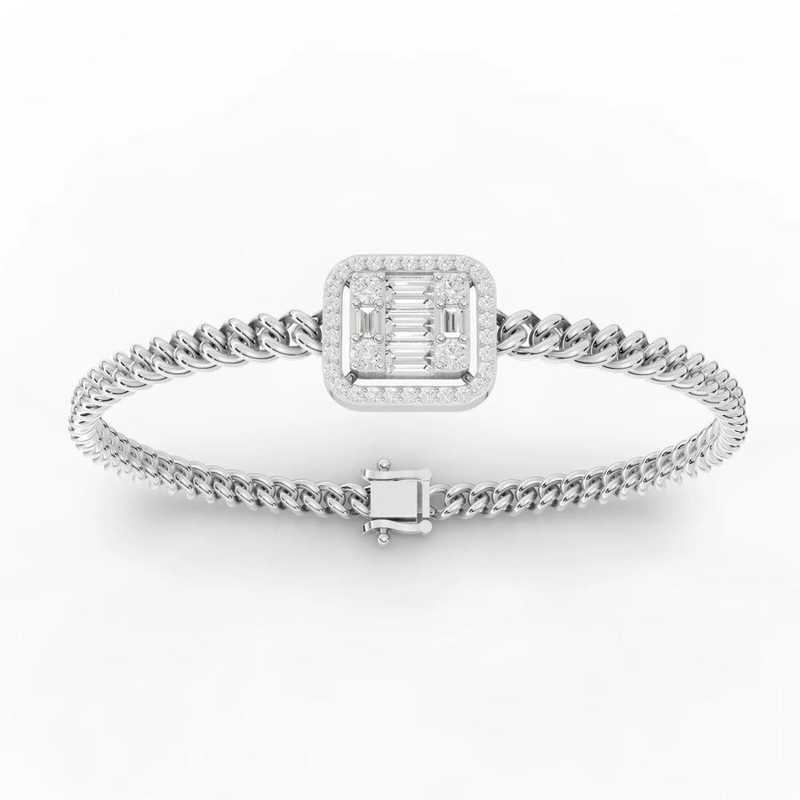 1.08 CT lab grown diamond bracelet in 18K rose gold with braided chain, baguette center, and round halo
