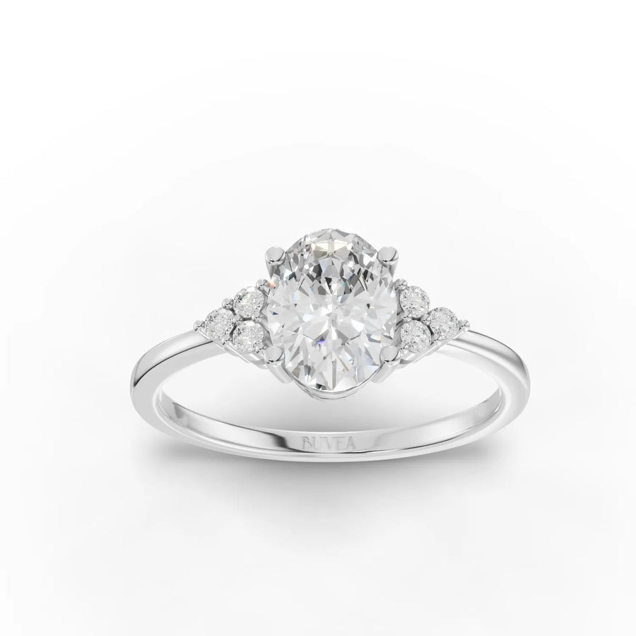 1.08 CT oval lab diamond halo accent solitaire ring in 18kt gold with 1 CT center stone and round diamond accents