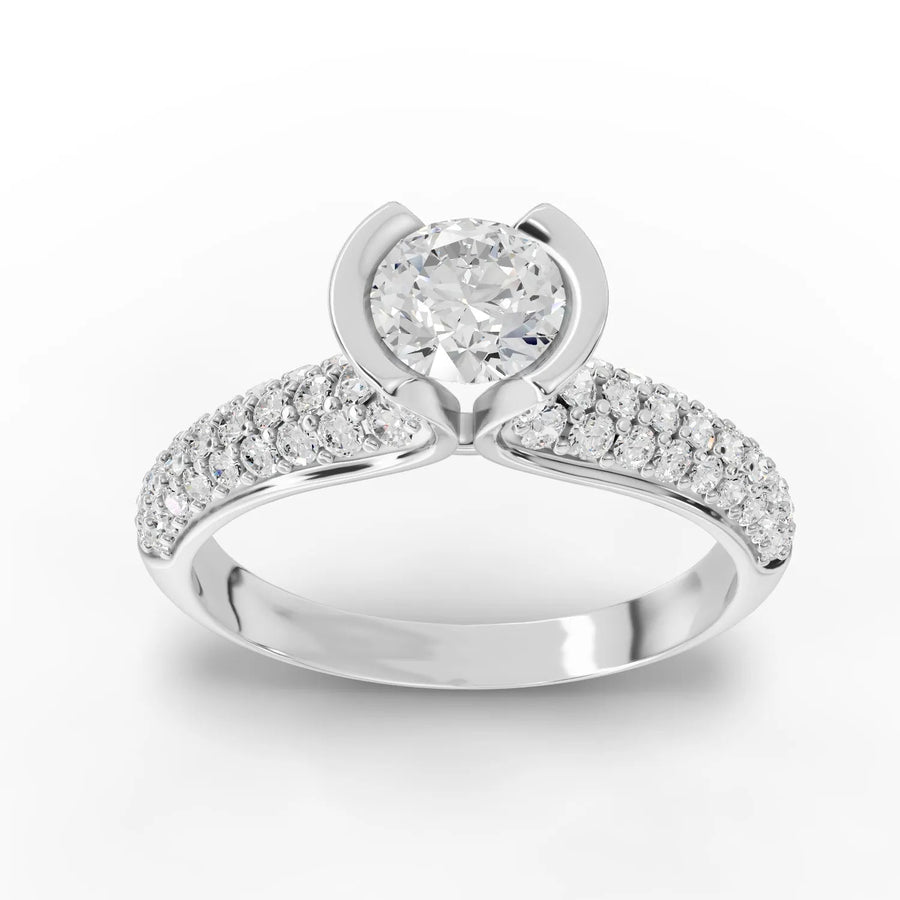 1.02 CT round solitaire pavé diamond ring with 0.50 CT lab grown center stone in 18kt gold