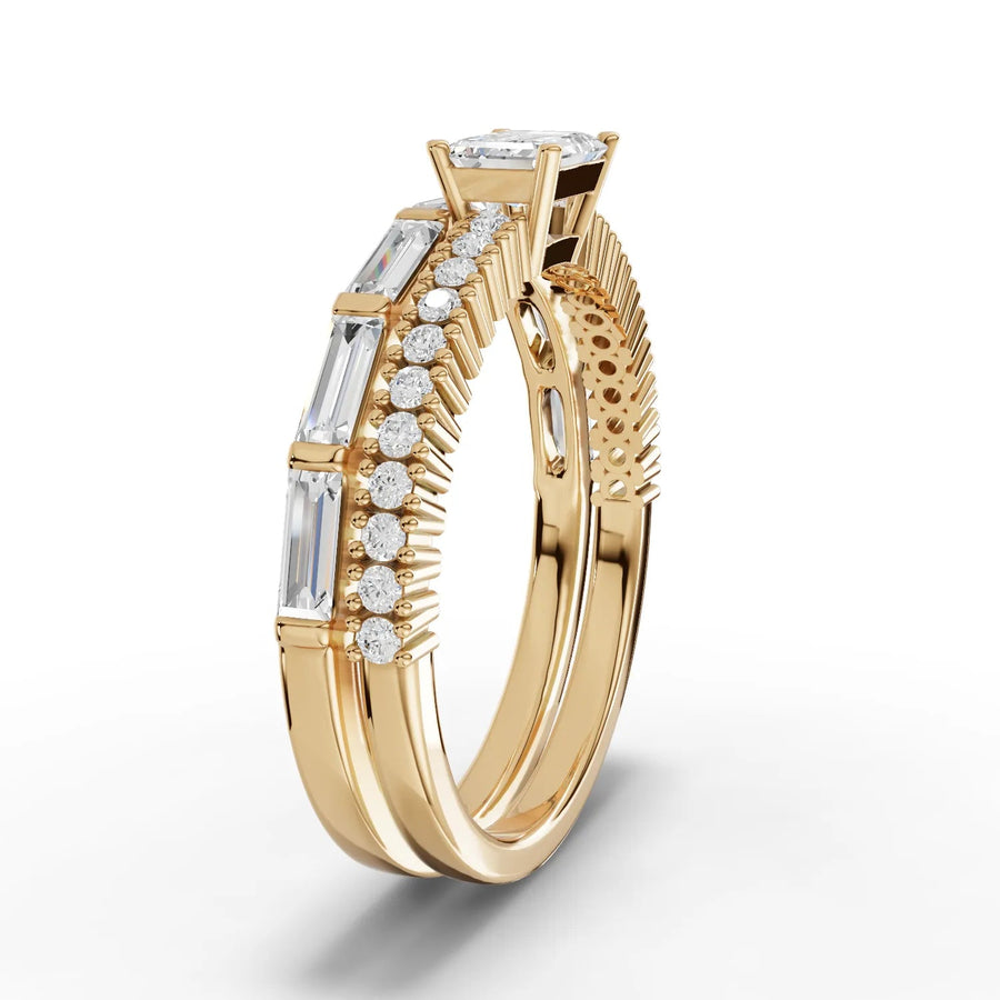 Emerald lab-grown bridal set yellow gold close-up