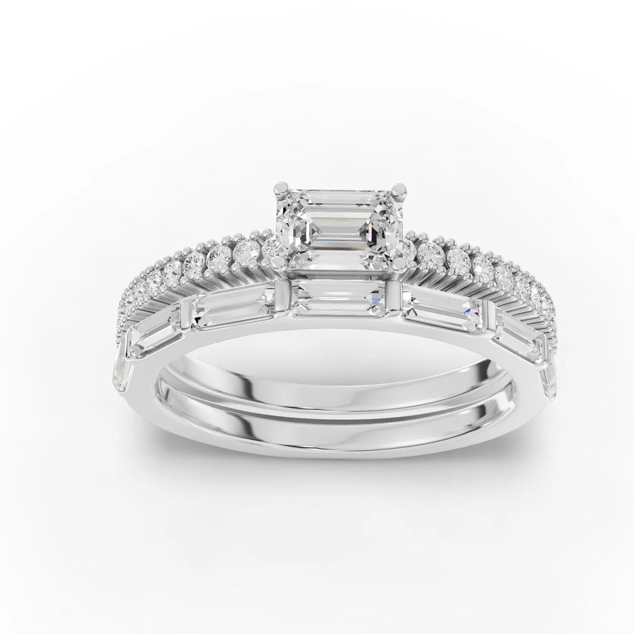 1.08 CT emerald lab grown diamond bridal set with 0.50 CT center, baguette and round accents in 18K gold