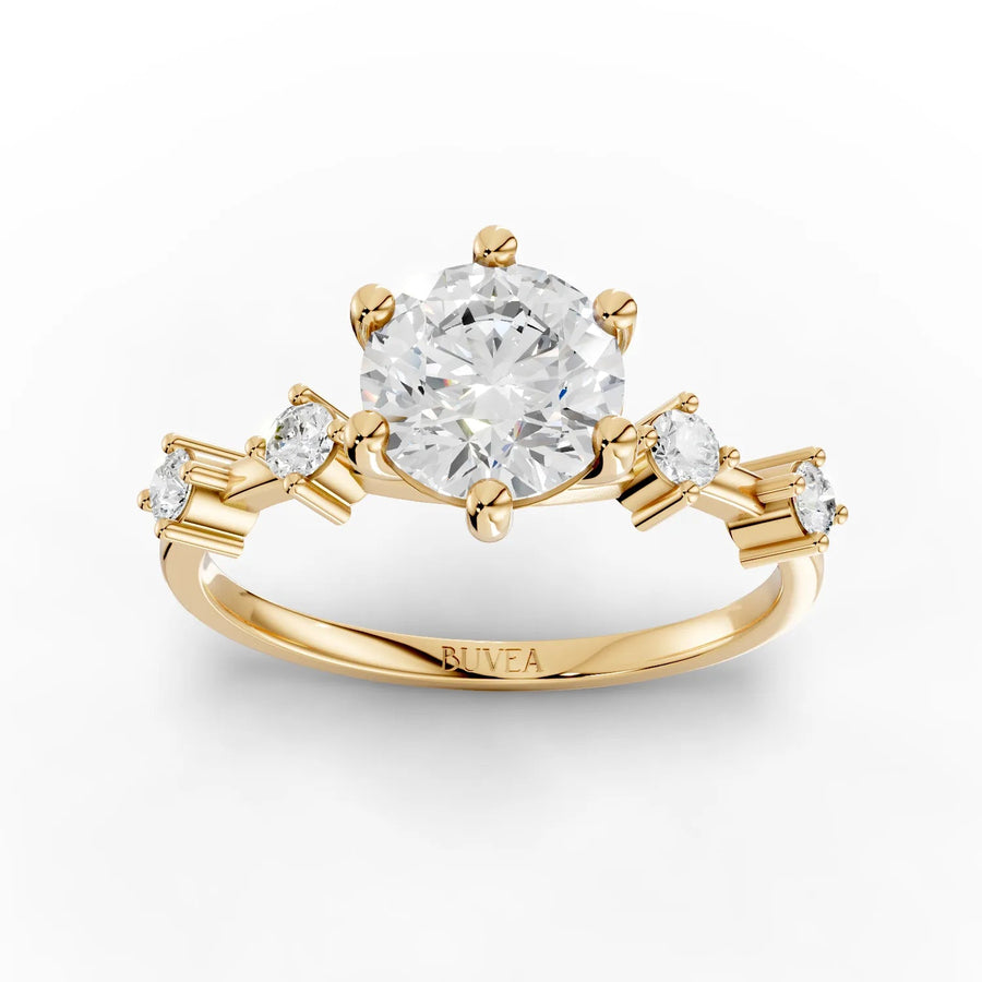 Six-prong accented lab-grown diamond ring yellow gold top view
