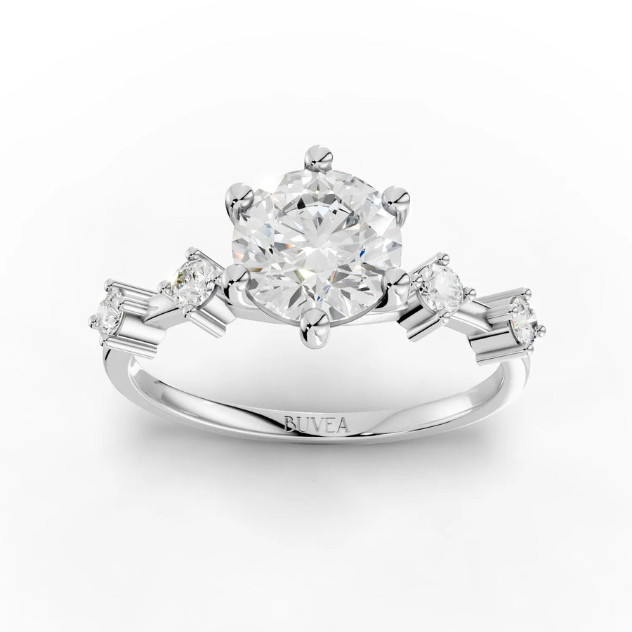 1.18 CT round accent solitaire lab diamond ring with 1 CT center stone, six-prong setting, and side accent diamonds