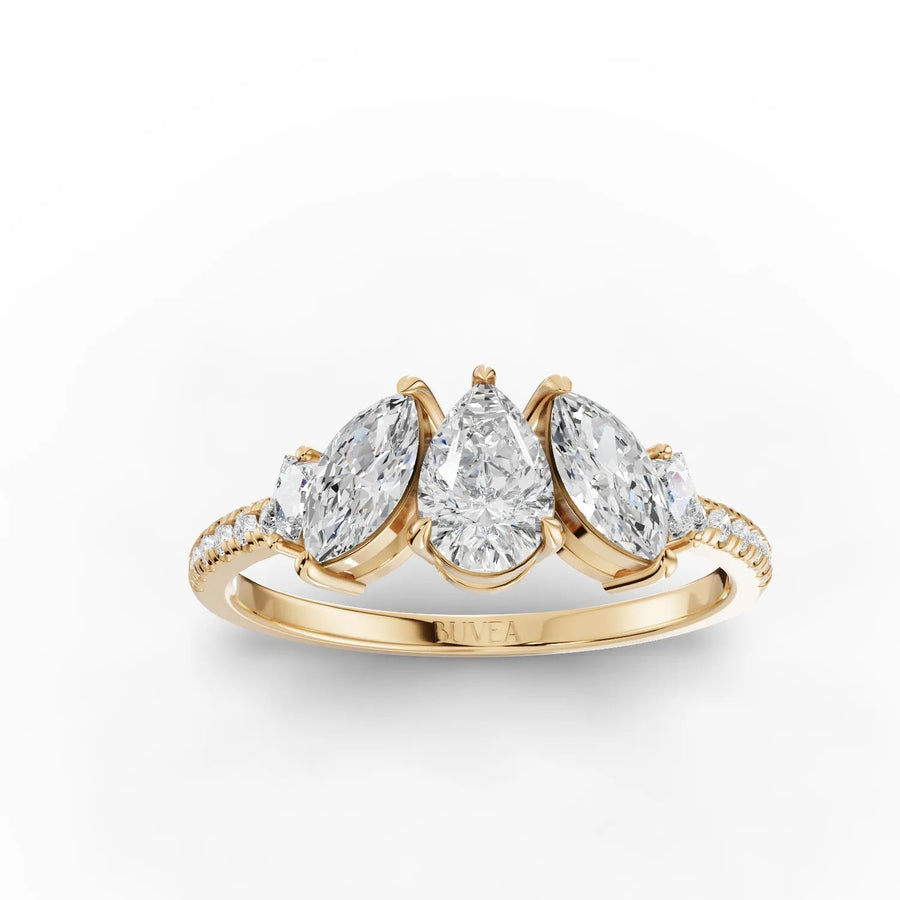 Pear and marquise lab-grown diamond ring yellow gold top view