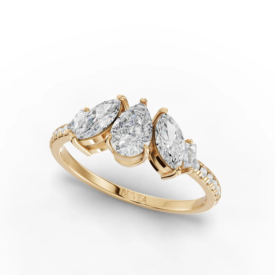 Three-stone diamond ring yellow gold angled profile