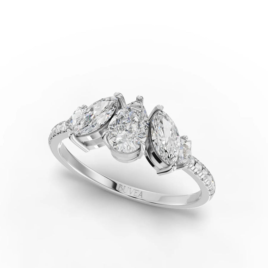 Three-stone lab-grown diamond ring sterling silver angled profile