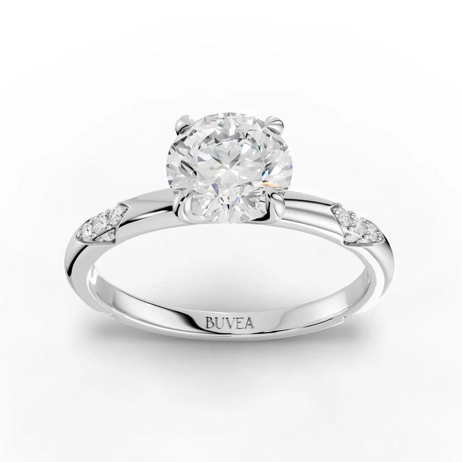 1.11 CT round solitaire accent lab diamond ring with 1 CT center, four-prong setting, slim band, and trio side diamonds