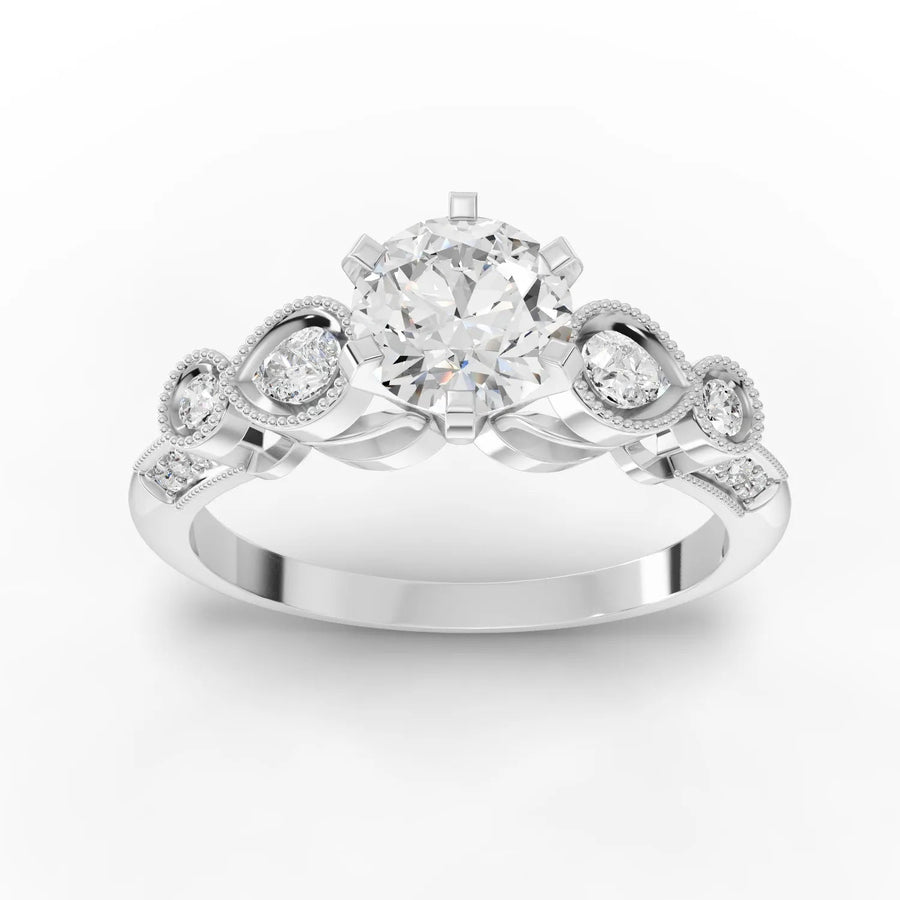 1.04 CT round lab grown diamond ring with 0.75 CT center, milgrain bezel round and pear accent diamonds