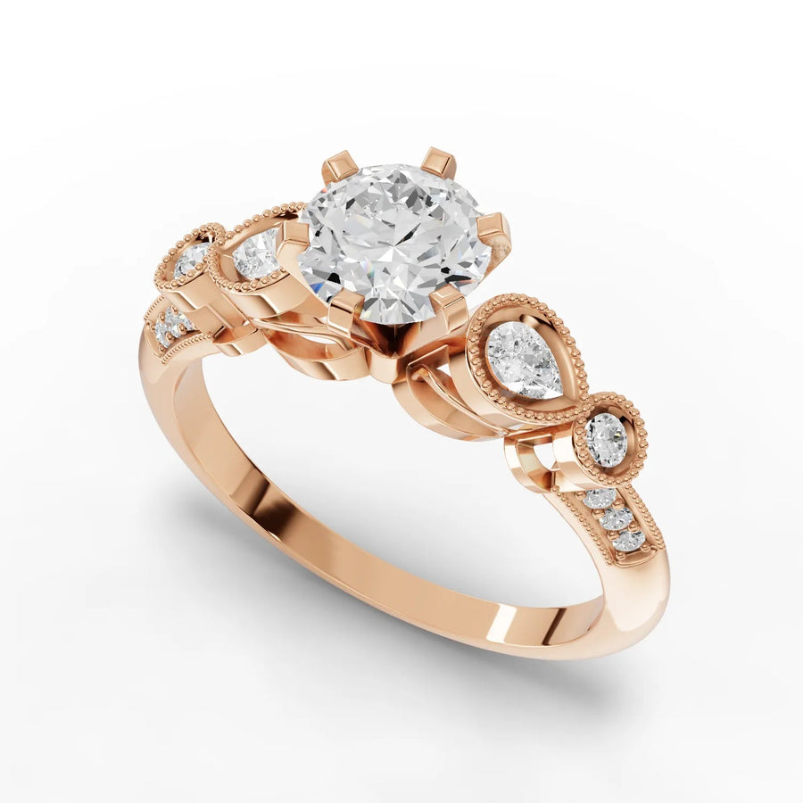 Round diamond milgrain ring rose gold angle