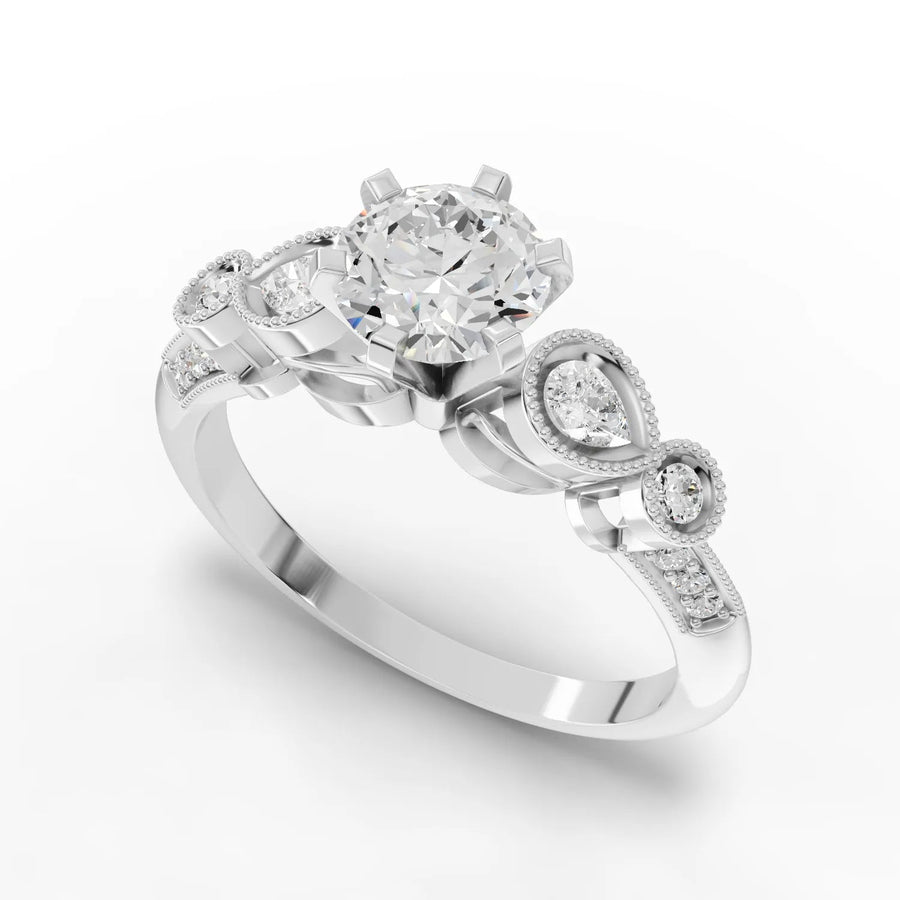 Round diamond milgrain ring white gold angle