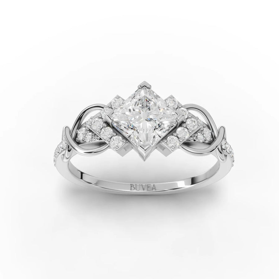 Princess cut swirl lab-grown diamond ring white gold top view