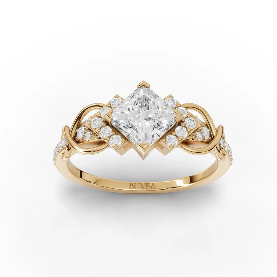 Princess cut swirl lab-grown diamond ring yellow gold top view