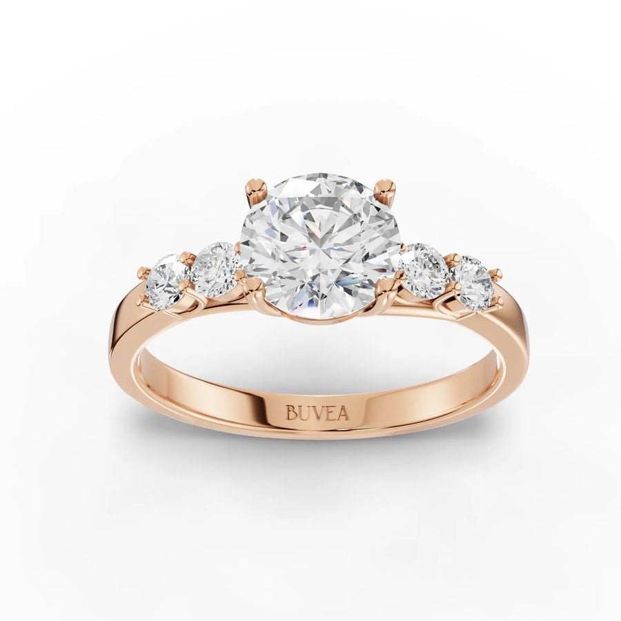 Three-stone lab-grown diamond ring rose gold top view