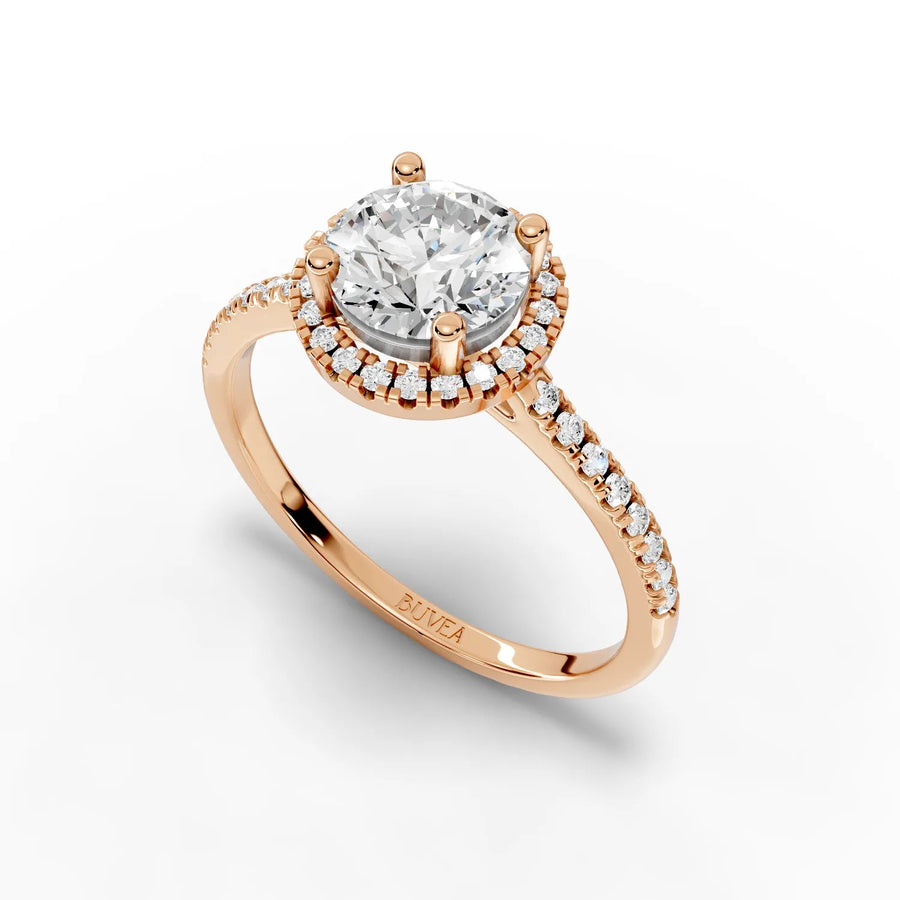 Pavé halo diamond ring rose gold angle