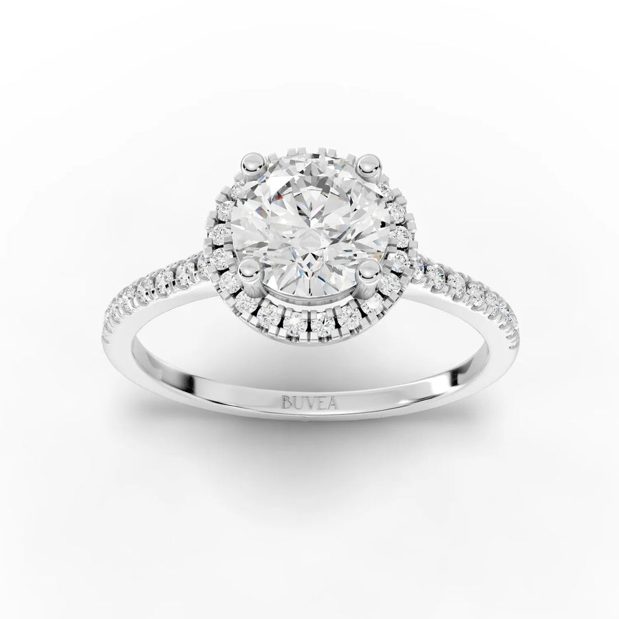 1.23 CT round halo lab diamond ring with 1.00 ct center stone and pavé accent band
