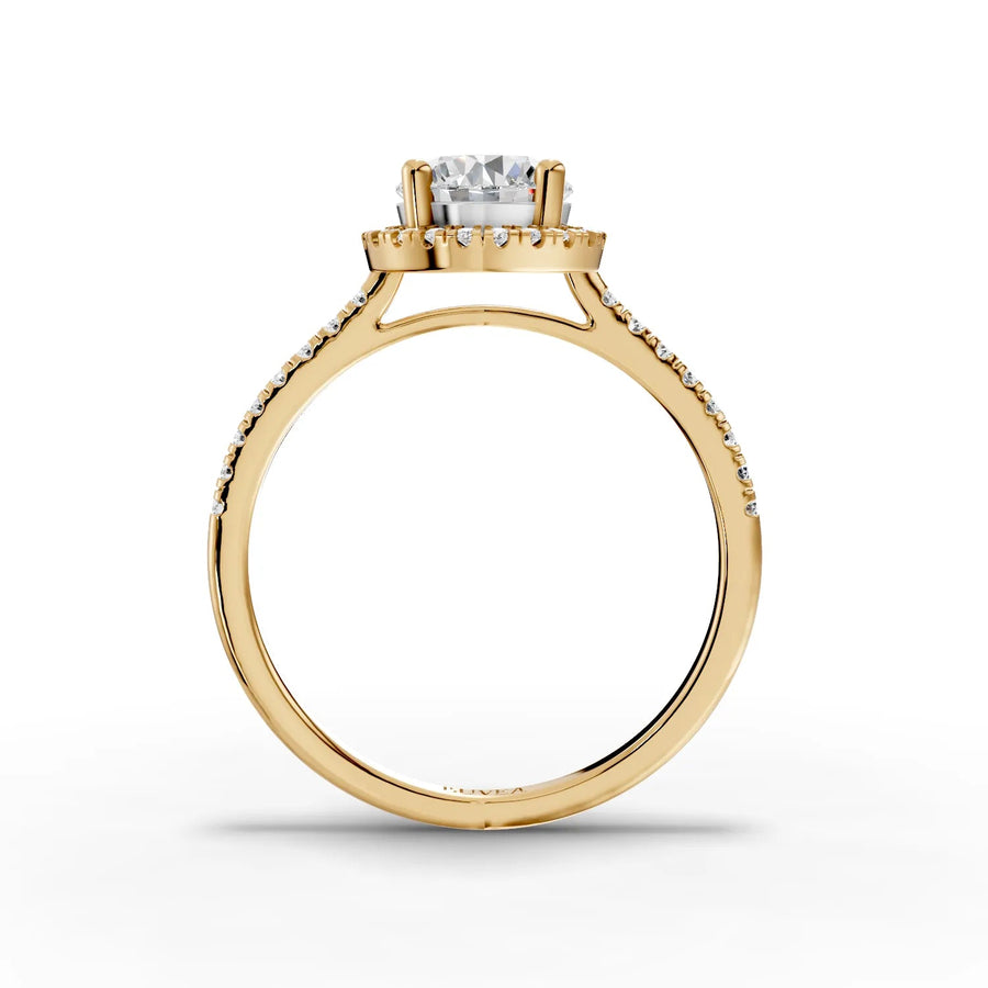 Round halo lab-grown diamond ring yellow gold close-up