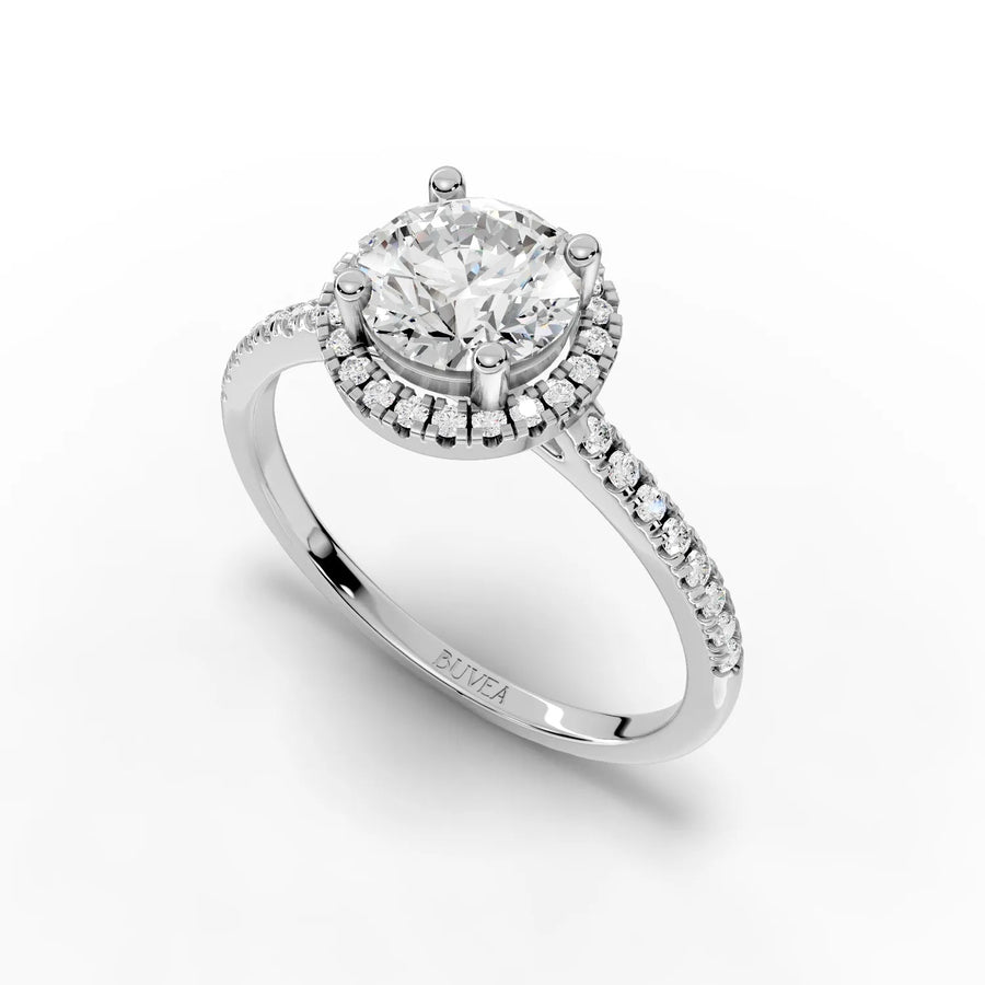 Round halo pavé diamond ring white gold angle
