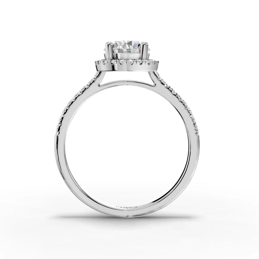 Center halo lab-grown diamond ring white gold close-up