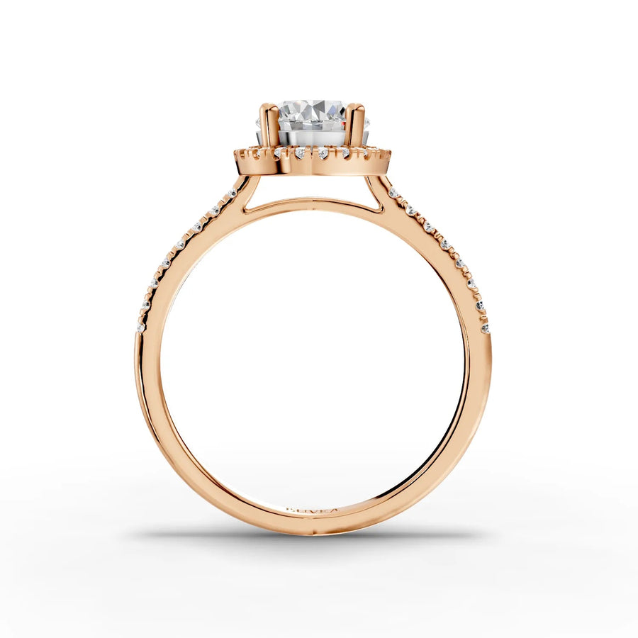 Round halo lab-grown diamond ring rose gold close-up