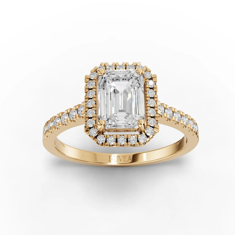 Emerald cut halo lab-grown diamond ring yellow gold top view