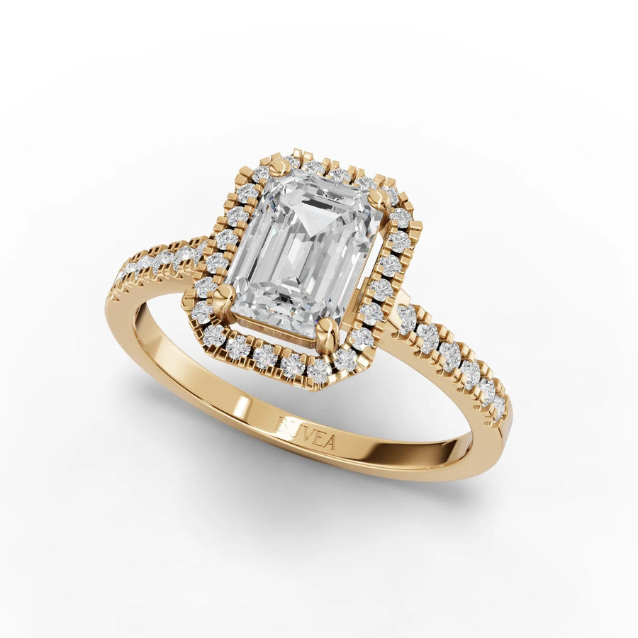 1.26 CT emerald halo ring yellow gold angled profile