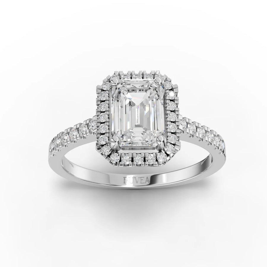 1.26 CT emerald halo lab diamond ring with 1 CT center stone, round accent band, and 18K gold setting