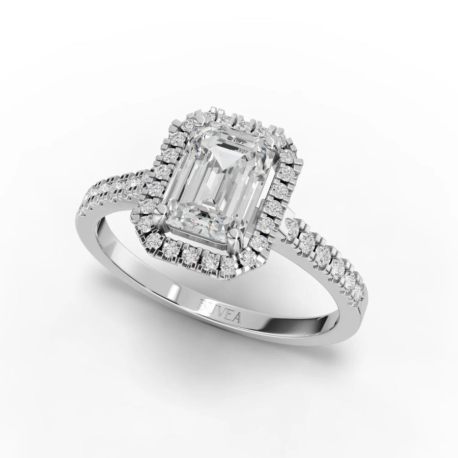 1.26 CT emerald halo ring white gold angled profile