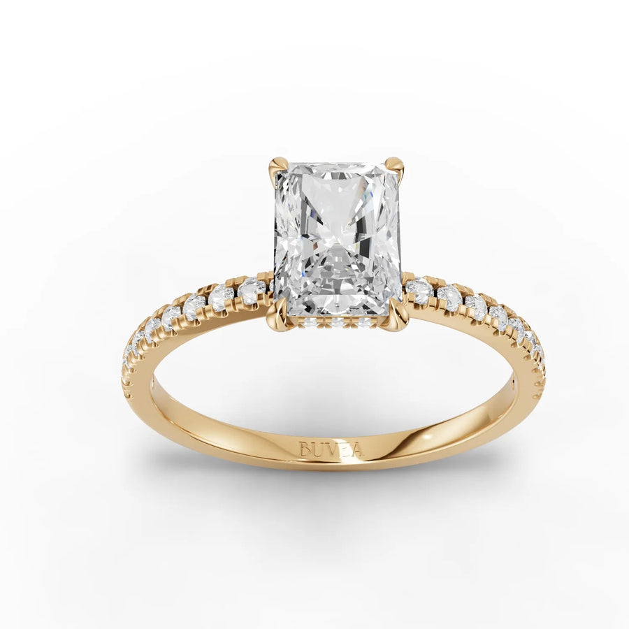 Radiant cut lab-grown diamond ring yellow gold top view