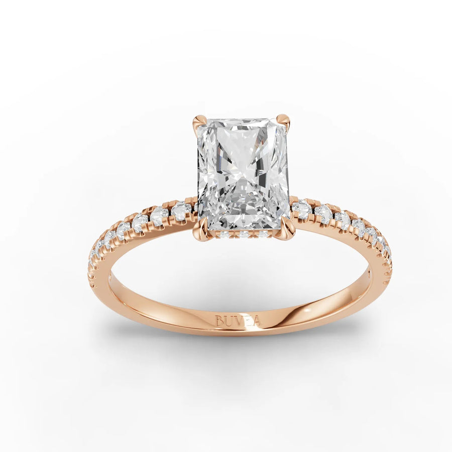 Radiant cut lab-grown diamond ring rose gold top view