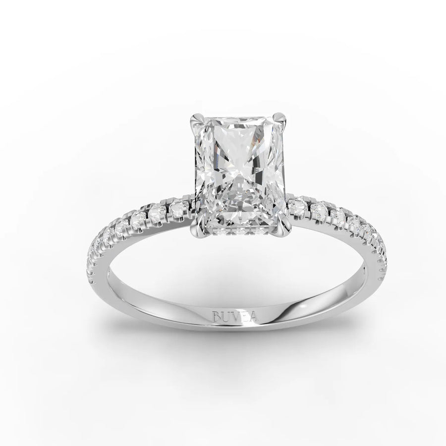 1.26 CT radiant lab diamond accent solitaire ring with 1 CT center stone, round halo accents, and 18K gold band