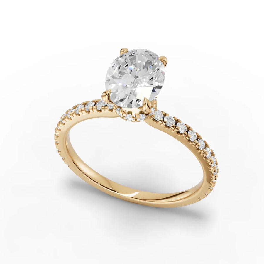 Oval pave band diamond ring yellow gold angle