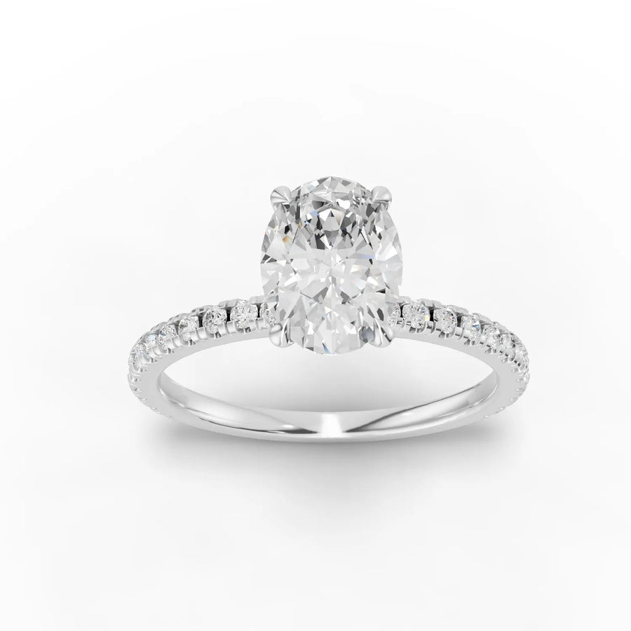 1.23 ct oval hidden halo pavé lab diamond ring with 1.00 ct center stone and single band setting