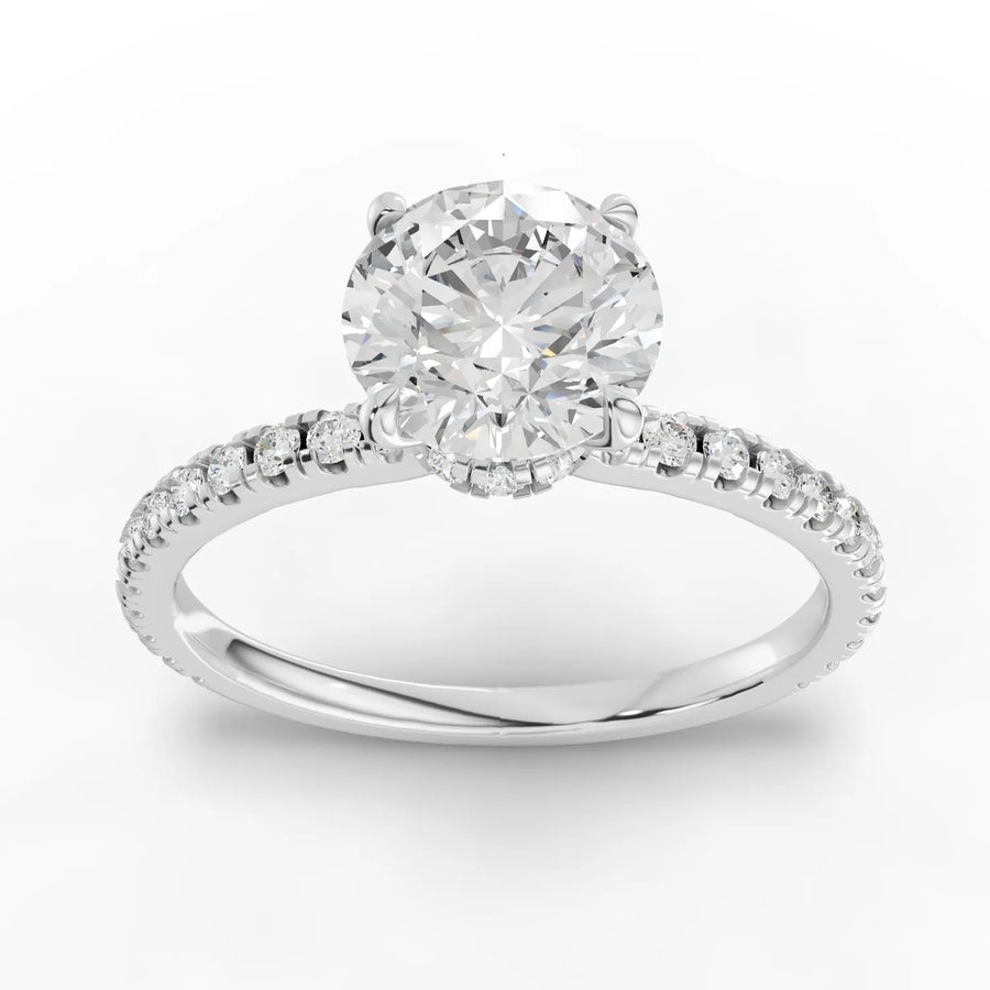 1.23 CT round hidden halo pavé lab grown diamond ring with 1.00 CT center stone and slender band