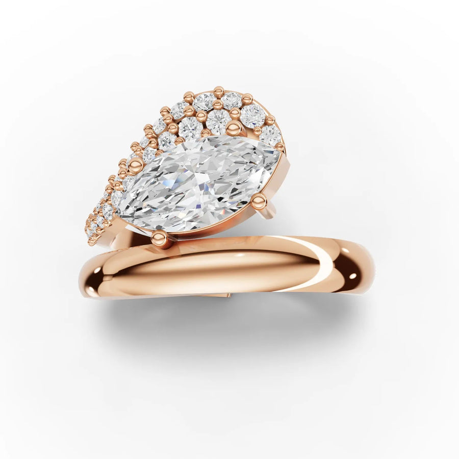 Lab-grown marquise swirl ring rose gold close-up