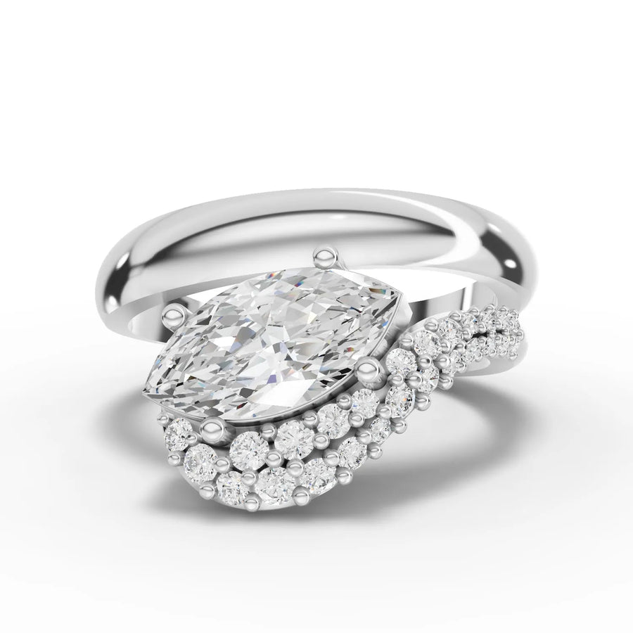 0.91 ct marquise halo lab diamond ring with 0.75 ct center, pavé band, and swirl-style setting