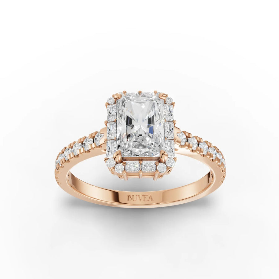 Radiant cut lab-grown diamond ring rose gold top view