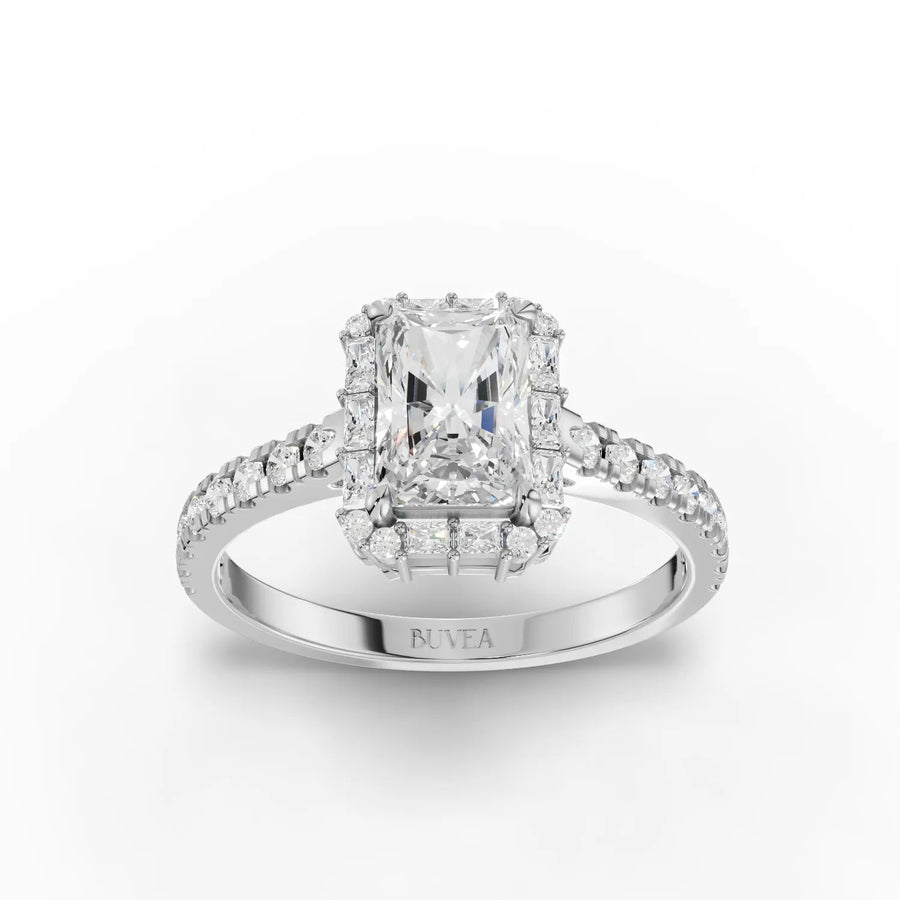 1.20 CT radiant halo lab diamond ring with 1 CT center, baguette side stones, and 18K gold band