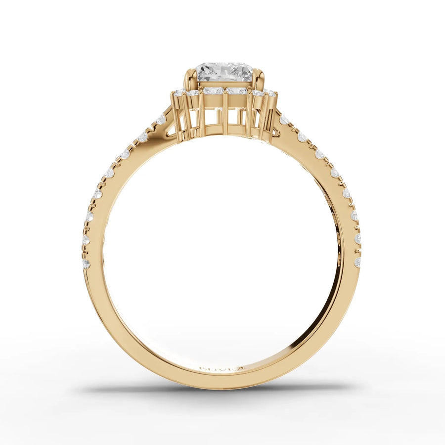 Radiant center stone ring yellow gold close-up