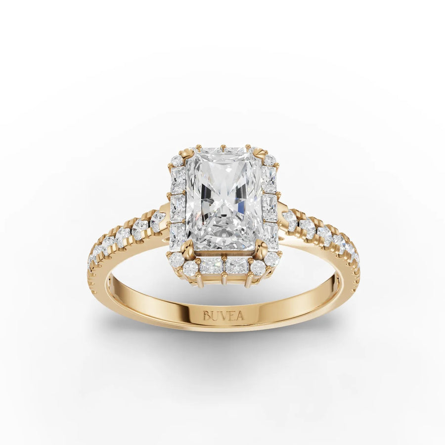 Radiant cut lab-grown diamond ring yellow gold top view