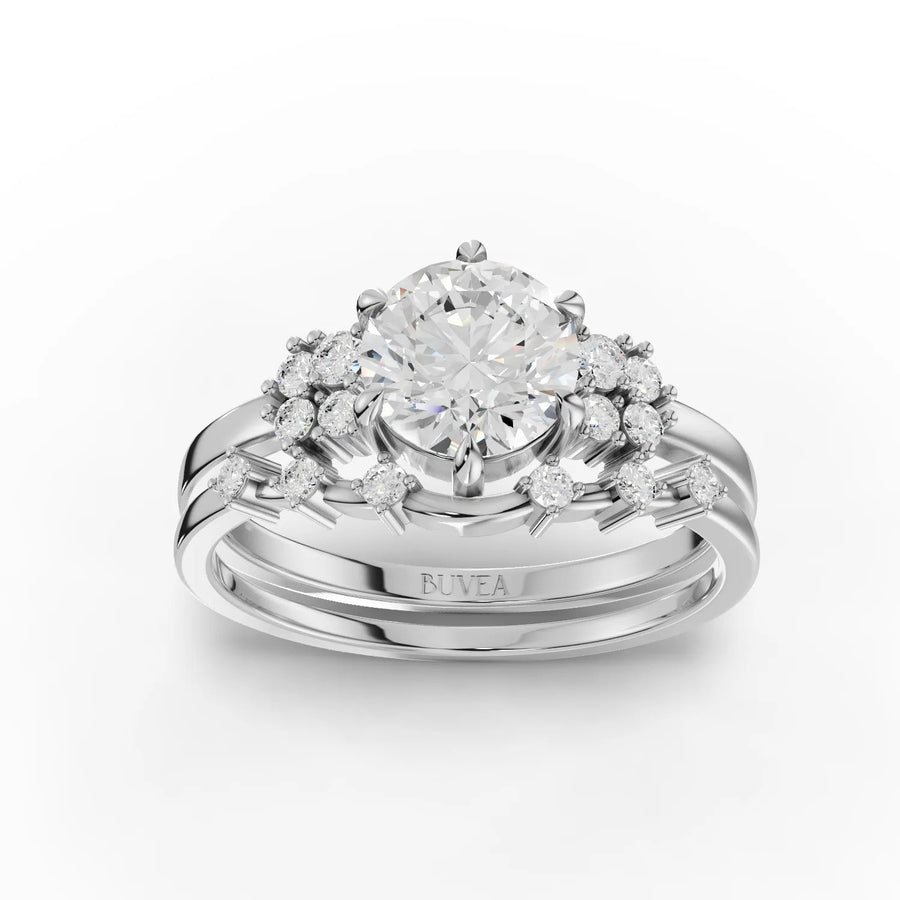 1.21 CT round lab diamond bridal set ring with 1 CT center, halo accents, and matching diamond band