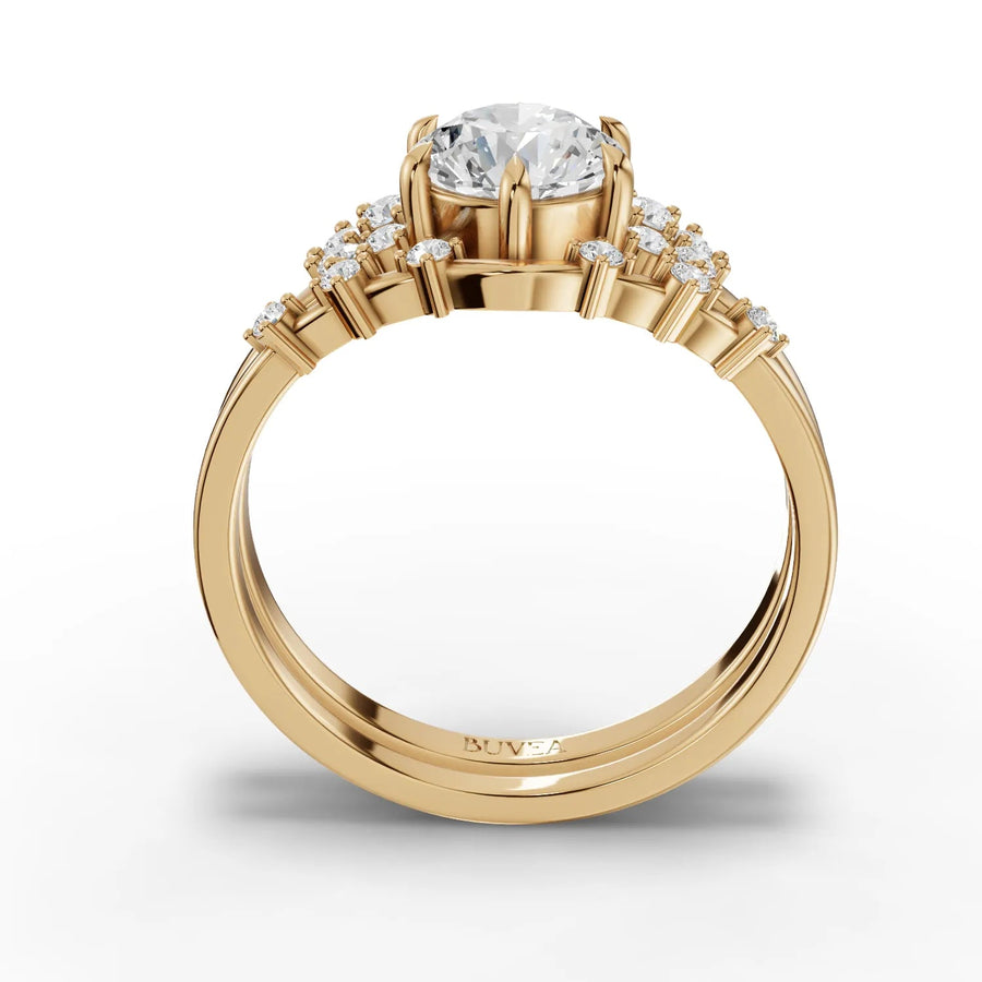 Round halo ring set yellow gold close-up