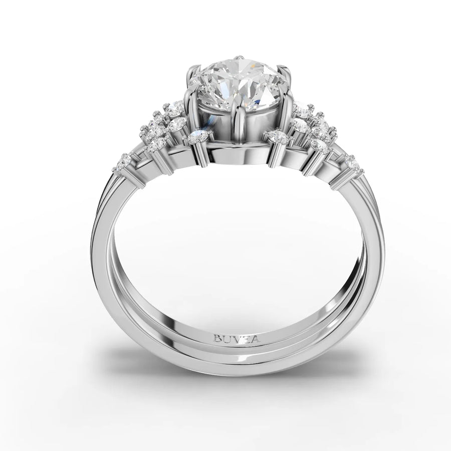 Round halo ring set white gold close-up