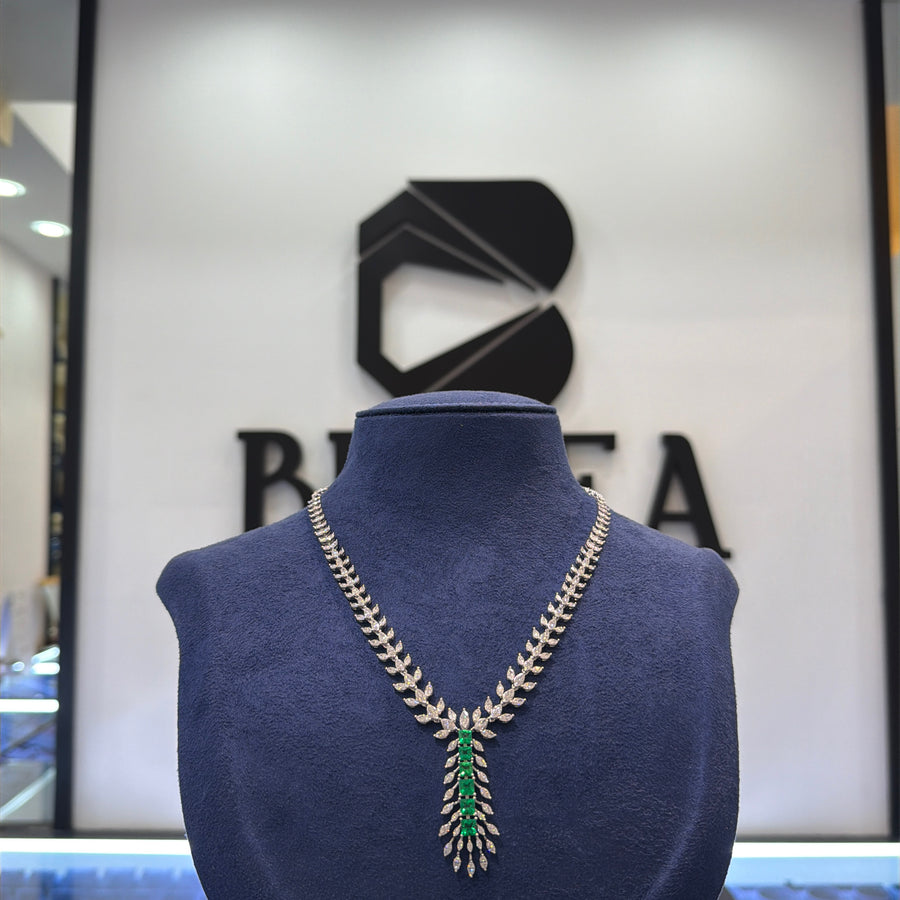 Y-Necklace Featuring Lab-Grown Marquise Diamond Leaf Motifs with Emerald-Green Drop Accent